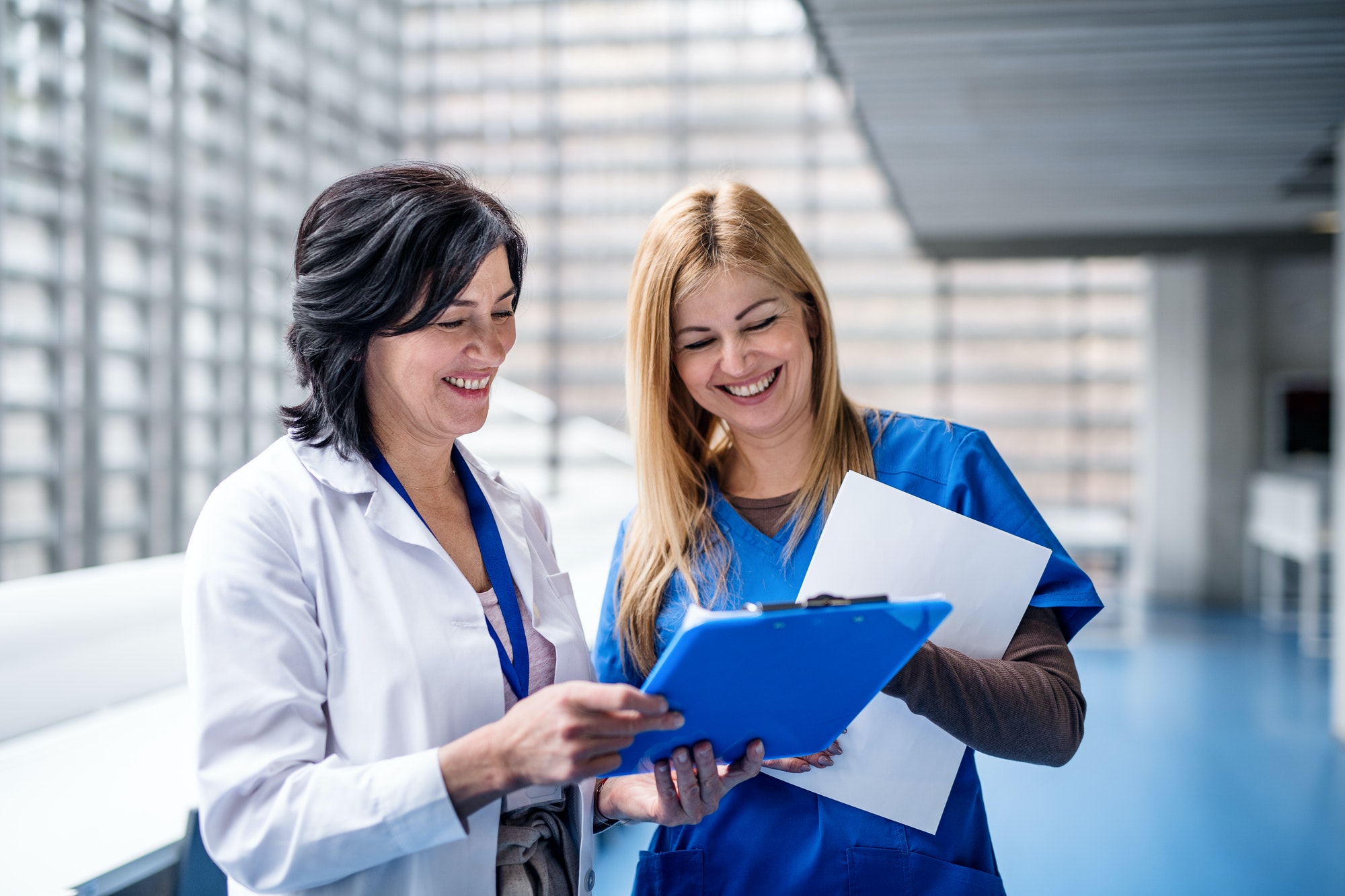 Women doctors standing in corridor on medical conference, talking